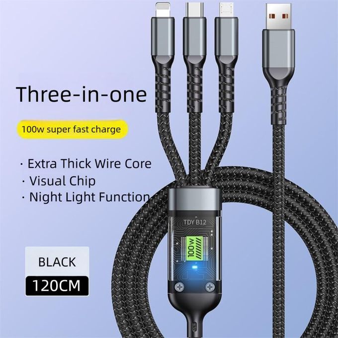 100W 3-in-1 Fast Charging Cable, Type-C/Micro USB/Lightning Triple Charger Cord